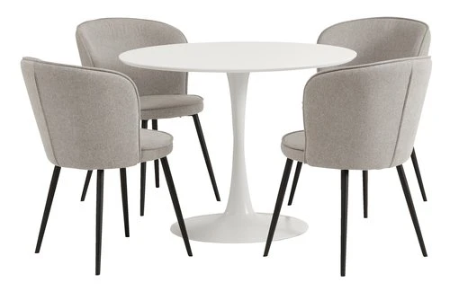 RINGSTED Ø100 Table Blanc + 4 RISSKOV Chaise Gris Clair 1 RINGSTED Ø100 Table Blanc + 4 RISSKOV Chaise Gris Clair
