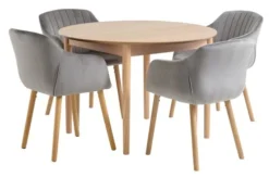 MARSTRAND Ø110 Table Chêne + 4 ADSLEV Chaises Velours Gris